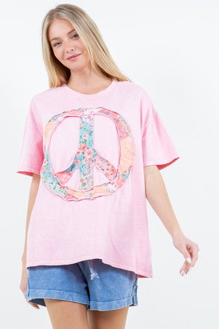 J.Her Mineral Washed Peace Sign Patched Top in Cupcake Pink