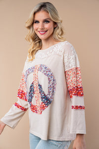 White Birch Lightweight Peace Sign Patch Top in Tan Multi