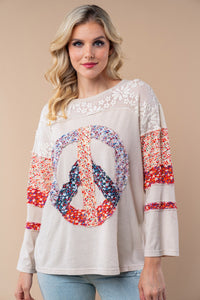 White Birch Lightweight Peace Sign Patch Top in Tan Multi