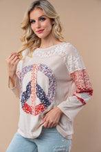 Load image into Gallery viewer, White Birch Lightweight Peace Sign Patch Top in Tan Multi
