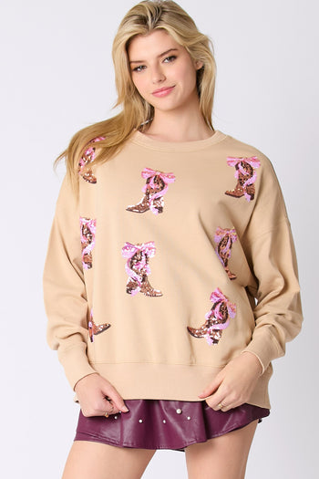 Peach Love Ribbon and Boots Sequin Embroidered Sweatshirt in Beige