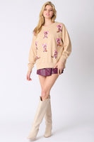 Peach Love Ribbon and Boots Sequin Embroidered Sweatshirt in Beige