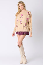 Load image into Gallery viewer, Peach Love Ribbon and Boots Sequin Embroidered Sweatshirt in Beige
