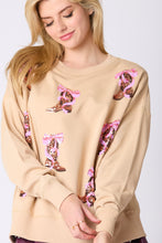 Load image into Gallery viewer, Peach Love Ribbon and Boots Sequin Embroidered Sweatshirt in Beige
