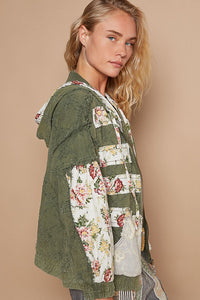 POL Vintage Washed Jacket with Mixed Patches in Olive Floral Multi