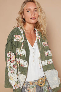 POL Vintage Washed Jacket with Mixed Patches in Olive Floral Multi