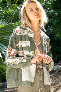 POL Vintage Washed Jacket with Mixed Patches in Olive Floral Multi