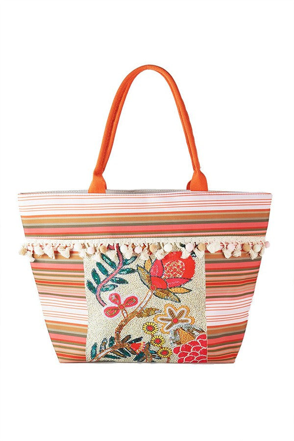 Boho Flower Print Tote Bag with Fringe Details