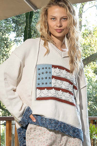 POL Chenille American Flag Sweater in Powder Cream Multi