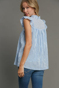 Umgee Checkered Seersucker Top with Embroidery Details in Light Blue