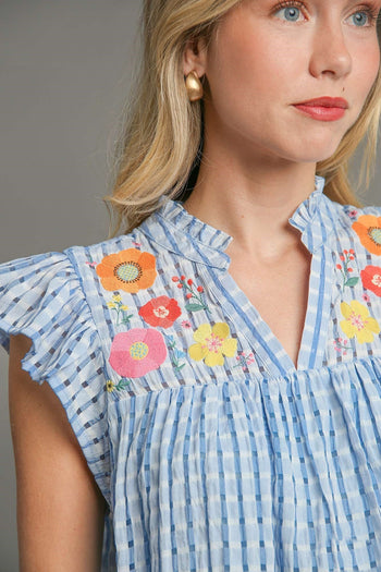 Umgee Checkered Seersucker Top with Embroidery Details in Light Blue FINAL SALE