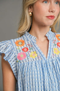 Umgee Checkered Seersucker Top with Embroidery Details in Light Blue