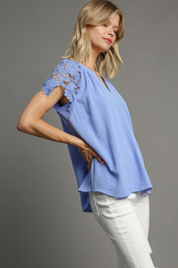 Umgee Solid Color Floral Lace Sleeve Top in Light Blue