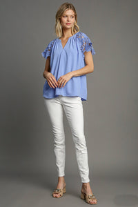 Umgee Solid Color Floral Lace Sleeve Top in Light Blue