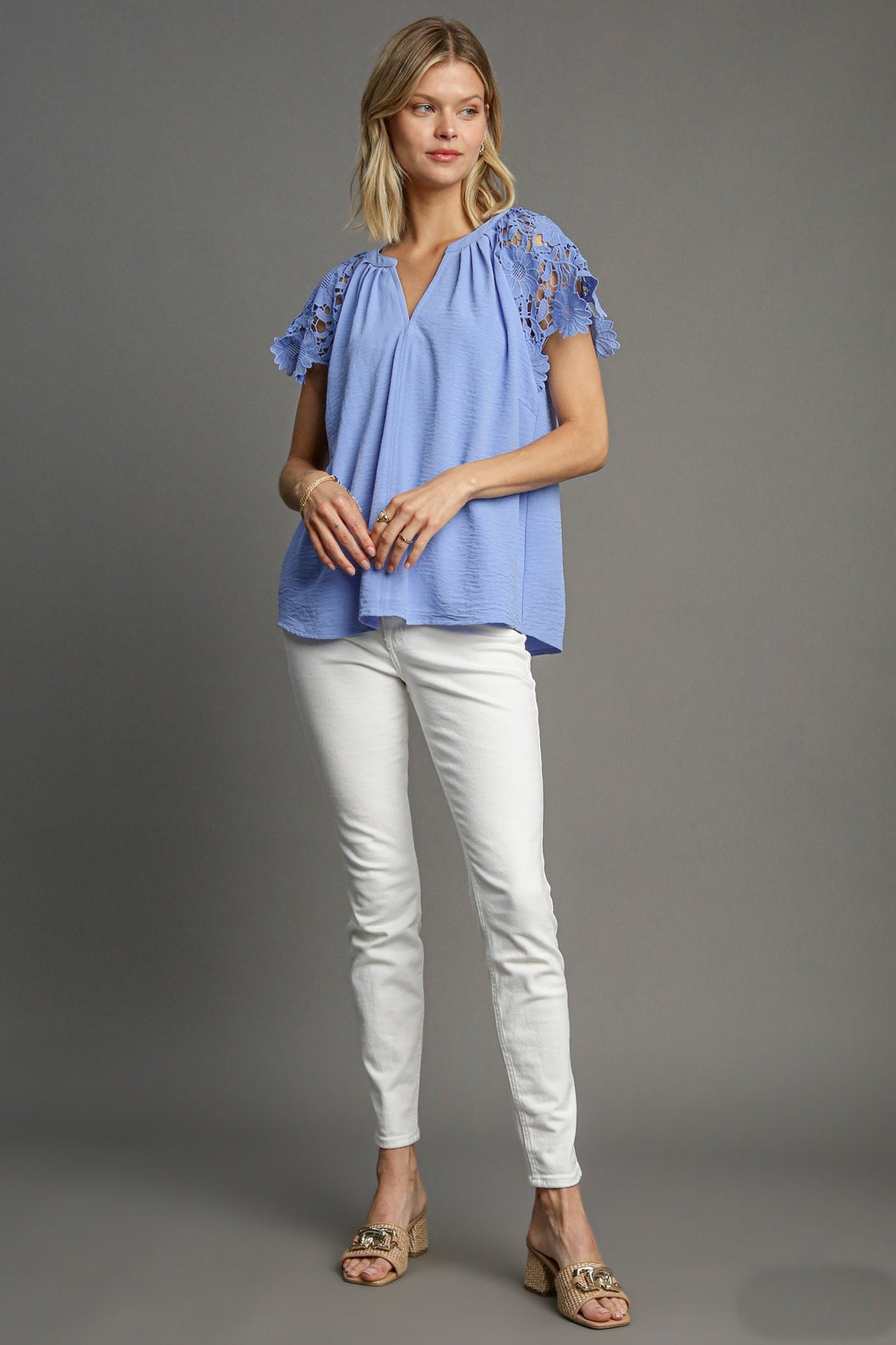 Umgee Solid Color Floral Lace Sleeve Top in Light Blue