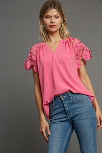 Umgee Solid Color Floral Lace Sleeve Top in Rose Pink