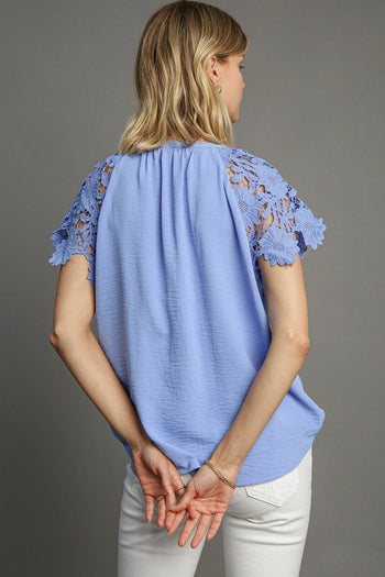 Umgee Solid Color Floral Lace Sleeve Top in Light Blue FINAL SALE