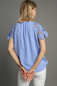 Umgee Solid Color Floral Lace Sleeve Top in Light Blue