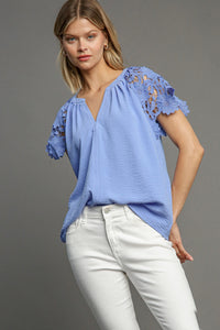 Umgee Solid Color Floral Lace Sleeve Top in Light Blue