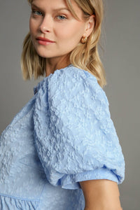 Umgee Textured Floral Jacquard Print Top in Sky Blue