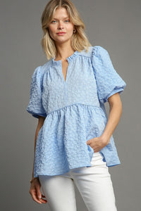 Umgee Textured Floral Jacquard Print Top in Sky Blue