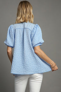 Umgee Textured Floral Jacquard Print Top in Sky Blue