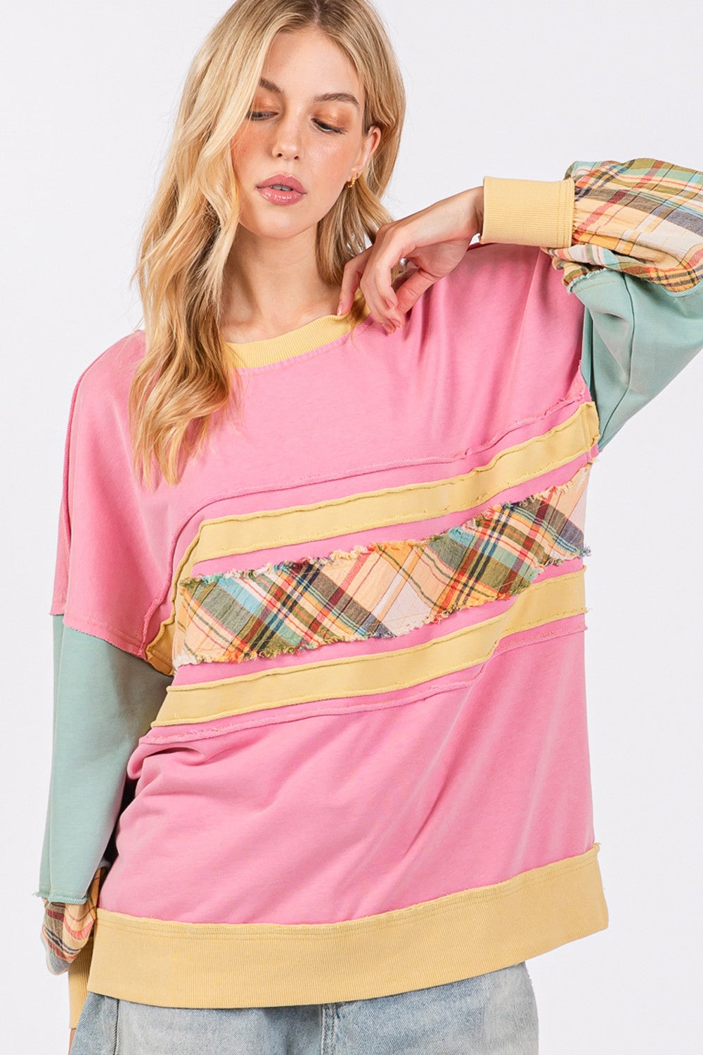 Sage+Fig Color Block Mixed Print Top in Barbie Pink