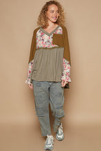 Load image into Gallery viewer, POL OVERSIZED Solid and Floral Print Babydoll Top in Olive Multi
