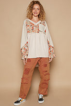 Load image into Gallery viewer, POL OVERSIZED Solid and Floral Print Babydoll Top in Oatmeal Multi
