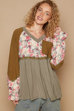 Load image into Gallery viewer, POL OVERSIZED Solid and Floral Print Babydoll Top in Olive Multi
