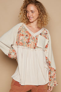 POL OVERSIZED Solid and Floral Print Babydoll Top in Oatmeal Multi