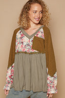 POL OVERSIZED Solid and Floral Print Babydoll Top in Olive Multi