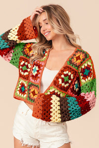 BiBi CROPPED Open Front Crochet Granny Square Cardigan in Rust Multi