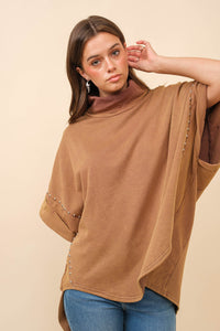 Blue B Solid Color Funnel Neck Studded Dolman Sweatshirt in Brown