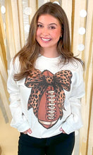 Load image into Gallery viewer, Sugar Stitch Cheetah Bow Football Sweatshirt with Rhinestones in White
