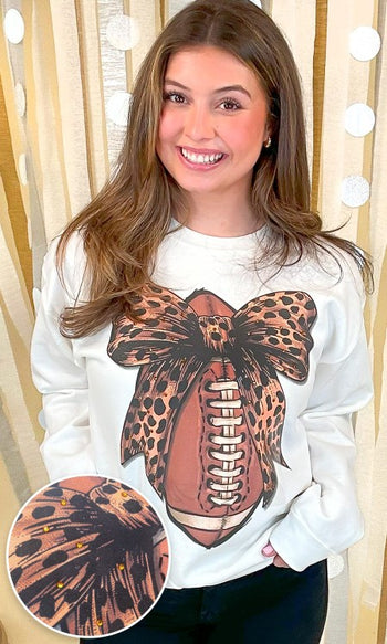Sugar Stitch Cheetah Bow Football Sweatshirt with Rhinestones in White