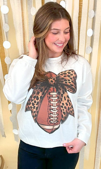 Sugar Stitch Cheetah Bow Football Sweatshirt with Rhinestones in White