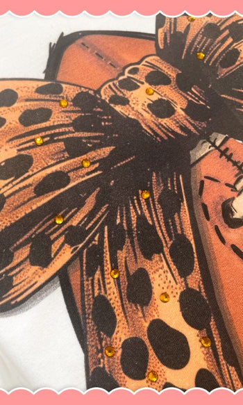 Sugar Stitch Cheetah Bow Football Sweatshirt with Rhinestones in White