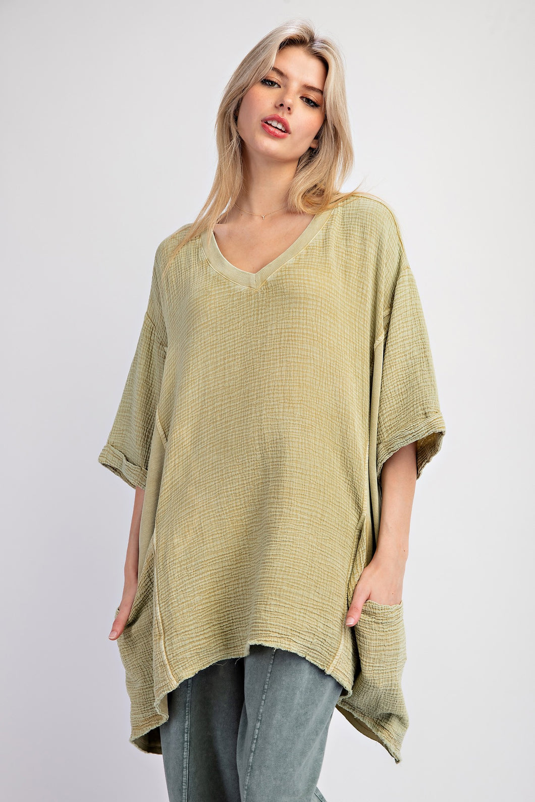 Easel OVERSIZED Cotton Gauze Top in Faded Sage