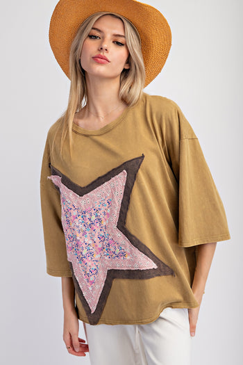 Easel Cotton Jersey Top with Large Front Star Patch in Martini Olive