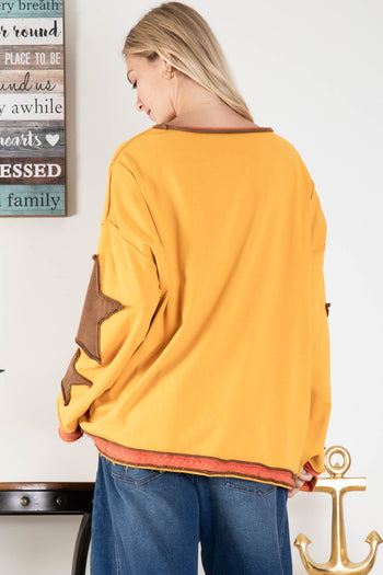 BlueVelvet Oversized Star Patched Top in Mustard