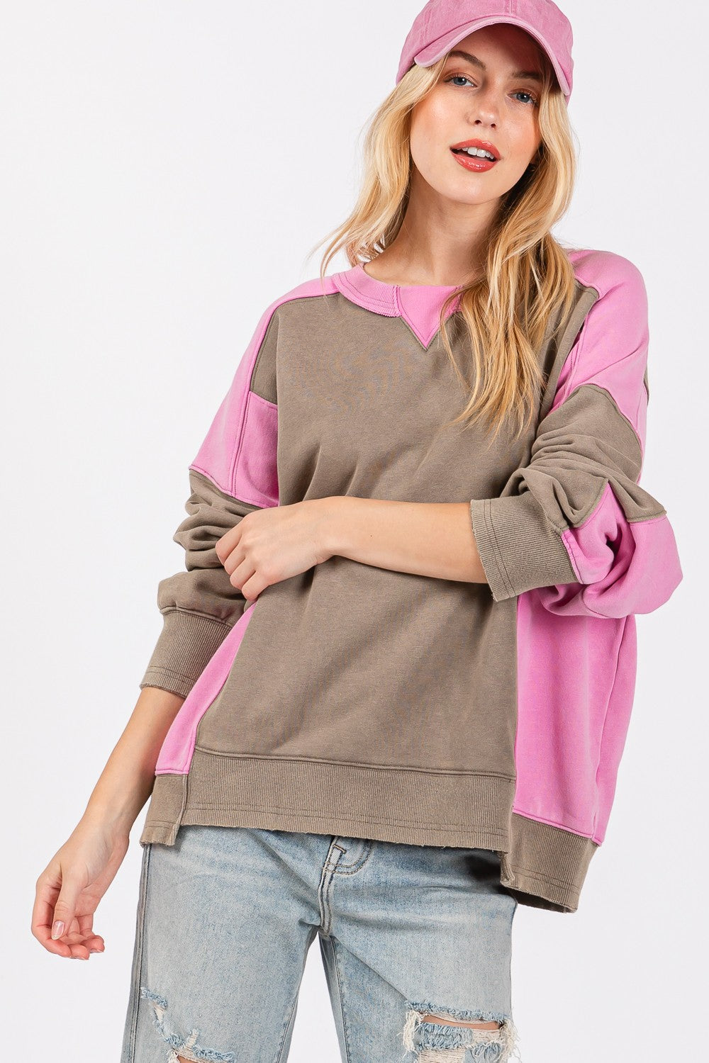 Sage+Fig Color Block Pullover Sweater in Ash/Pink