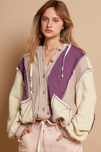 POL Mixed Fabric Hooded Button Down Shacket in Beige/Purple