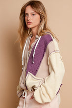 Load image into Gallery viewer, POL Mixed Fabric Hooded Button Down Shacket in Beige/Purple
