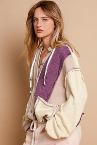 POL Mixed Fabric Hooded Button Down Shacket in Beige/Purple