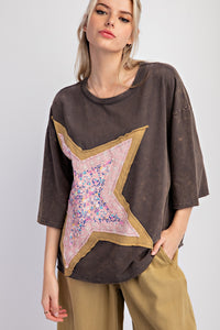 Easel Cotton Jersey Top with Large Front Star Patch in Ash