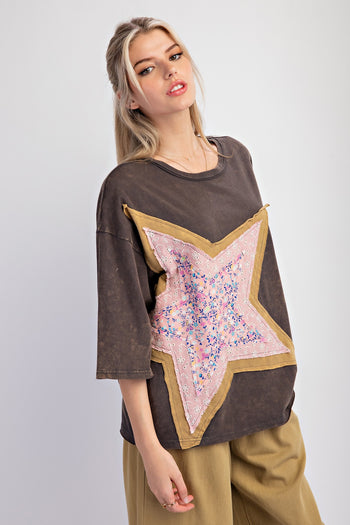 Easel Cotton Jersey Top with Large Front Star Patch in Ash