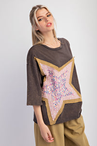 Easel Cotton Jersey Top with Large Front Star Patch in Ash