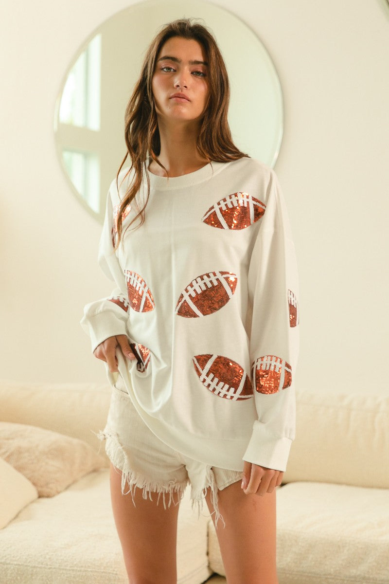 BiBi Loose Fit Sequin Patch Football Top in Off White