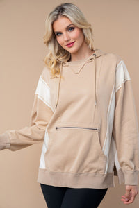 White Birch Color Block Hooded Pullover Top in Sand Cream